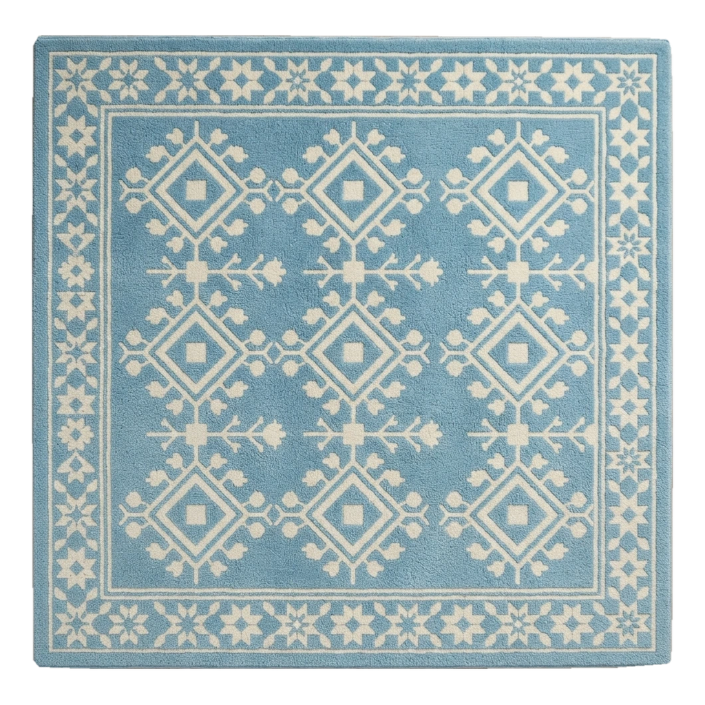 Sky Blue Tribal Diamond Hand-Tufted Rug with Cream Star Border - alternate view