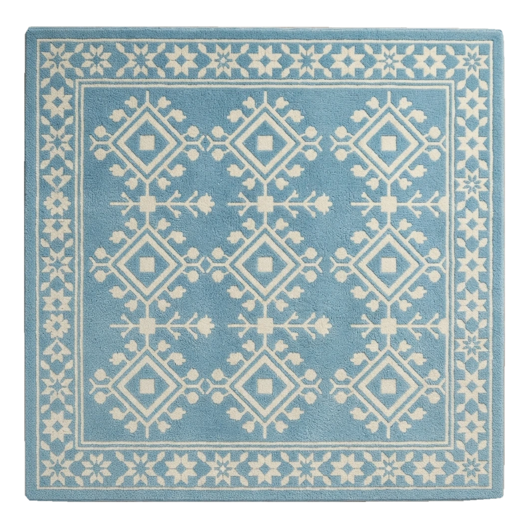 Sky Blue Tribal Diamond Hand-Tufted Rug with Cream Star Border - alternate view