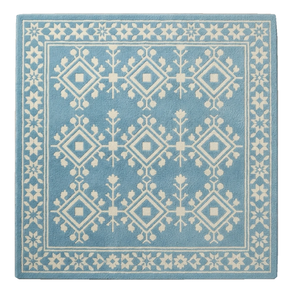 Sky Blue Tribal Diamond Hand-Tufted Rug with Cream Star Border
