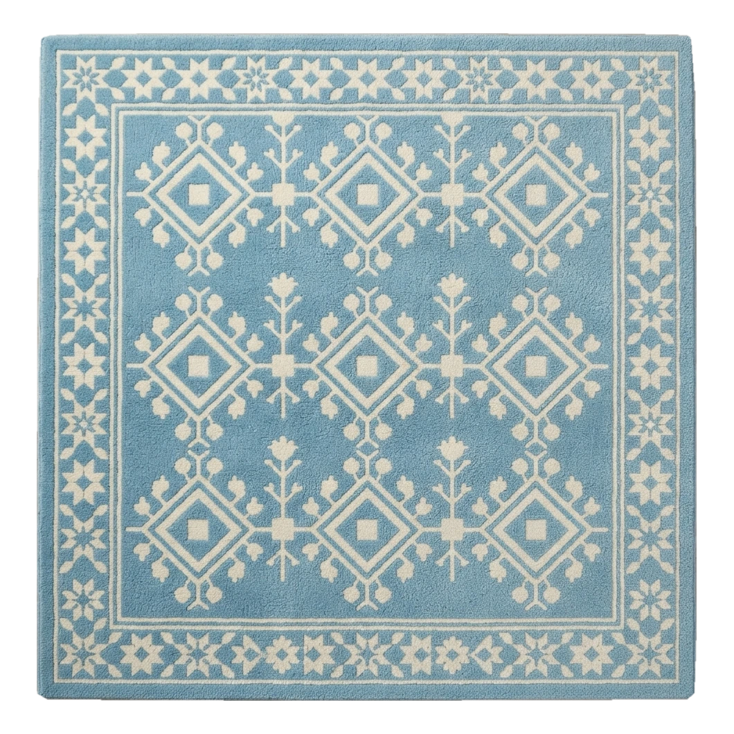 Sky Blue Tribal Diamond Hand-Tufted Rug with Cream Star Border
