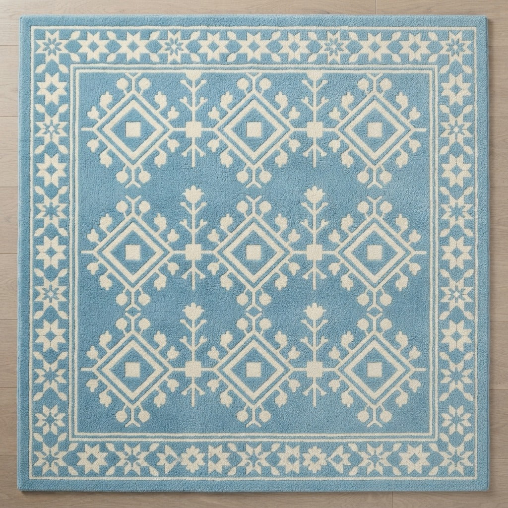 Sky Blue Tribal Diamond Hand-Tufted Rug with Cream Star Border - studio photo