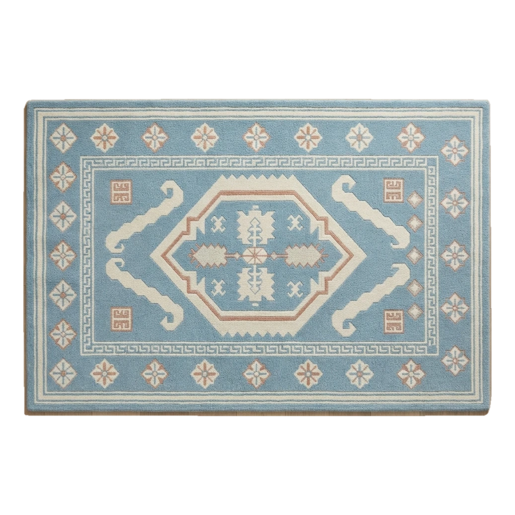 Sky Blue Tribal Medallion Hand-Tufted Rug with Cream Star Border - alternate view