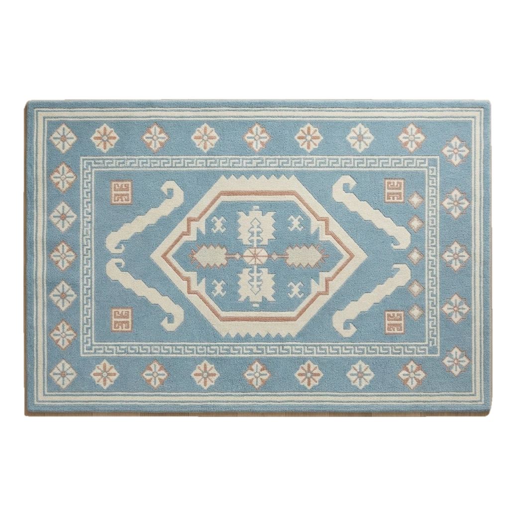 Sky Blue Tribal Medallion Hand-Tufted Rug with Cream Star Border - alternate view