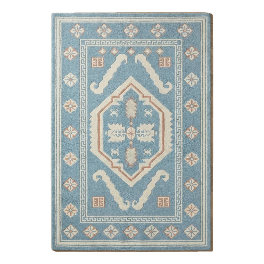 Sky Blue Tribal Medallion Hand-Tufted Rug with Cream Star Border