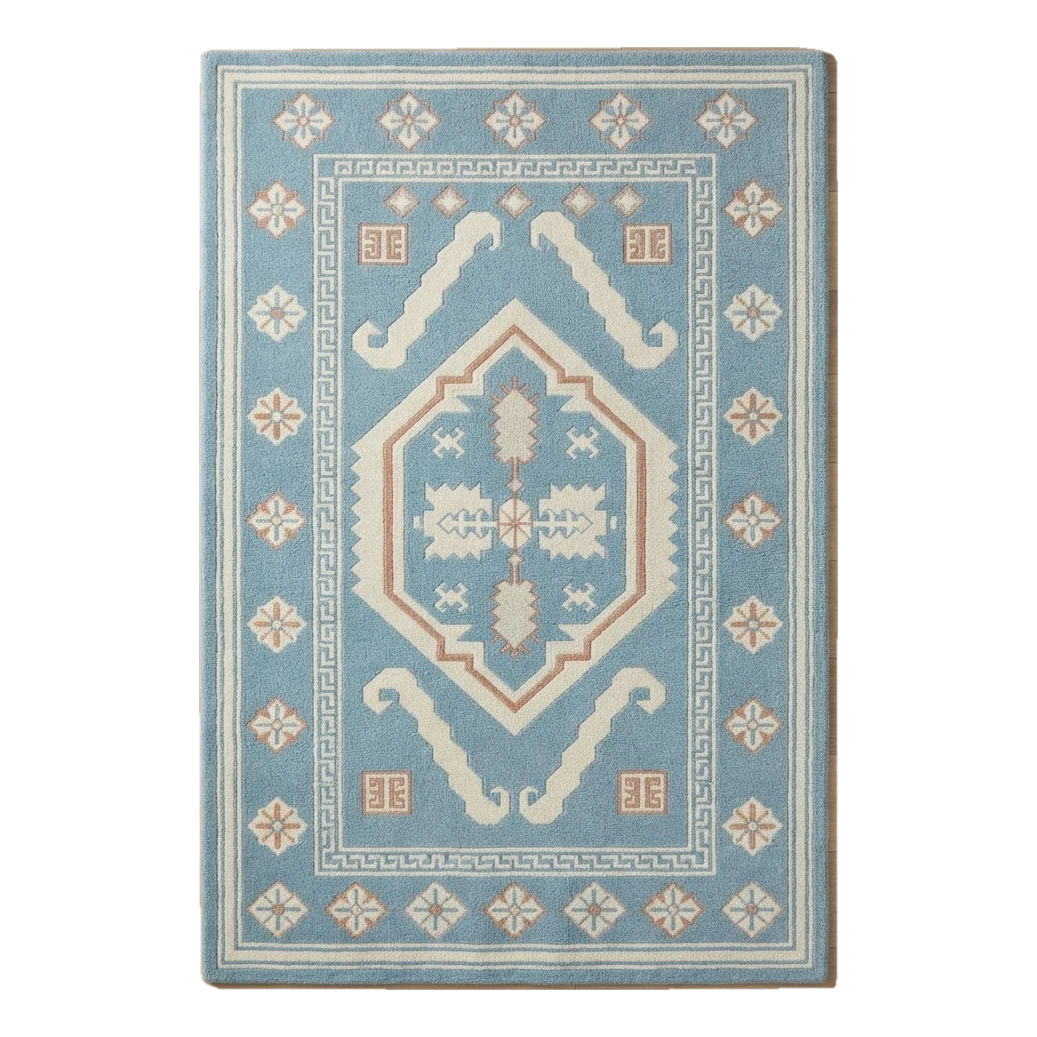 Sky Blue Tribal Medallion Hand-Tufted Rug with Cream Star Border