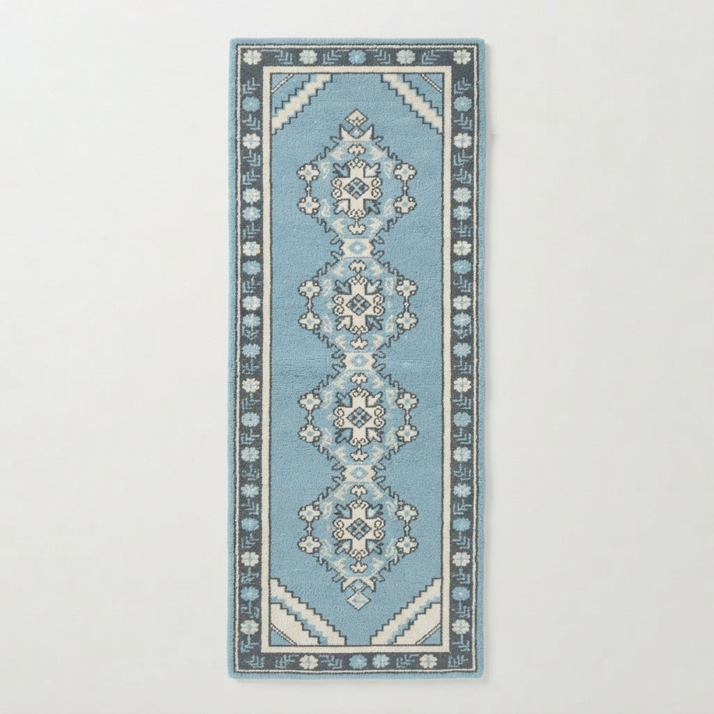 Sky Blue Tribal Medallion Hand-Tufted Runner with Slate Border - studio photo