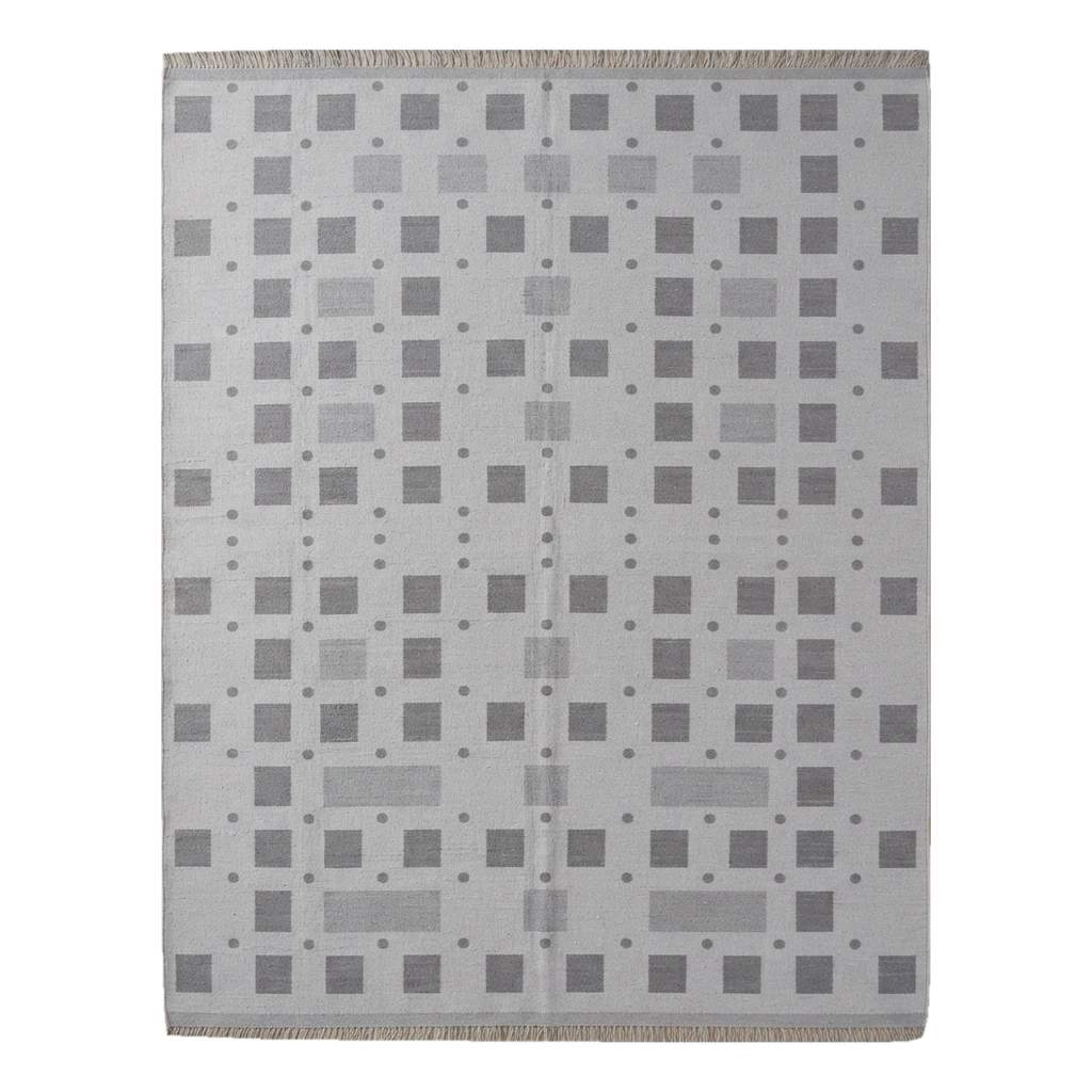 Slate Grey Geometric Cotton Flat Weave Rug with Charcoal Squares