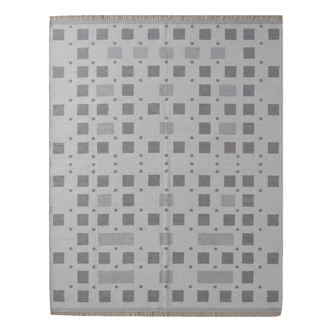 Slate Grey Geometric Cotton Flat Weave Rug with Charcoal Squares
