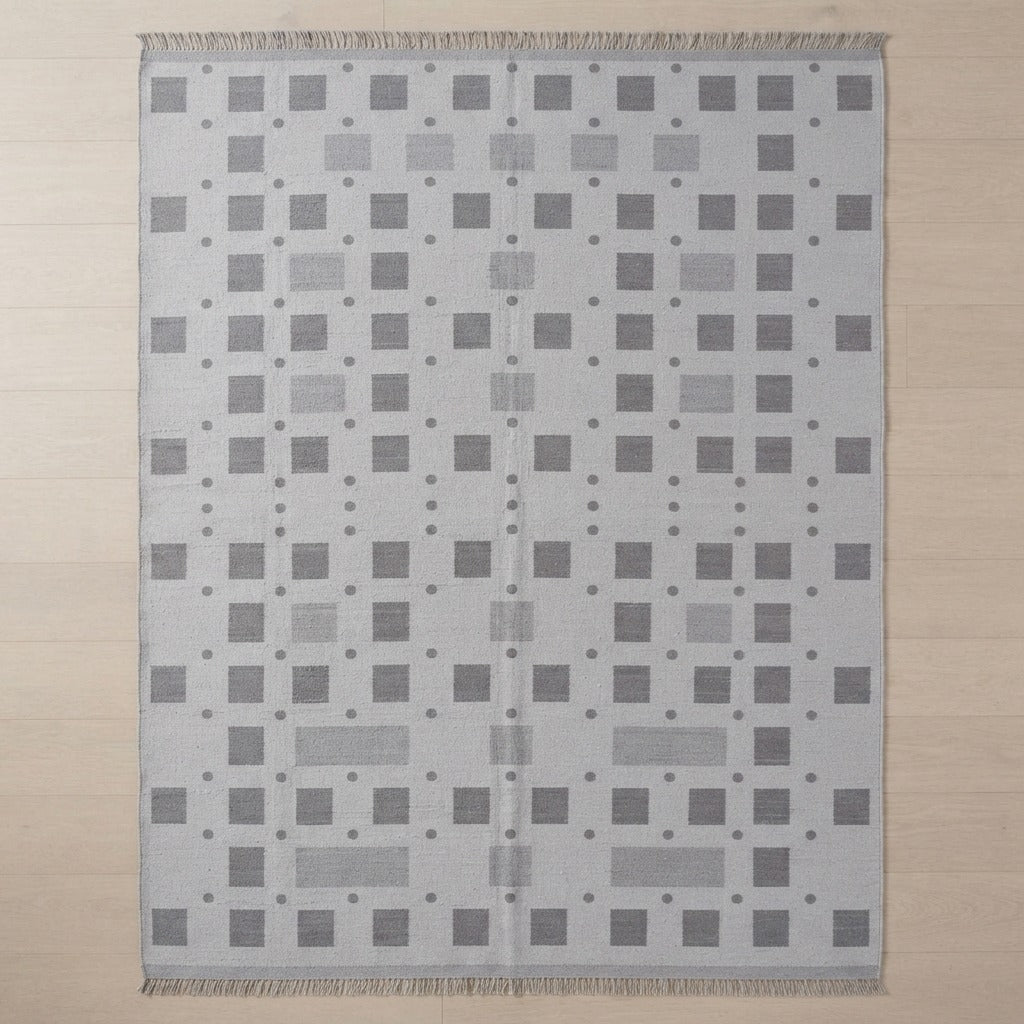 Slate Grey Geometric Cotton Flat Weave Rug with Charcoal Squares - studio photo