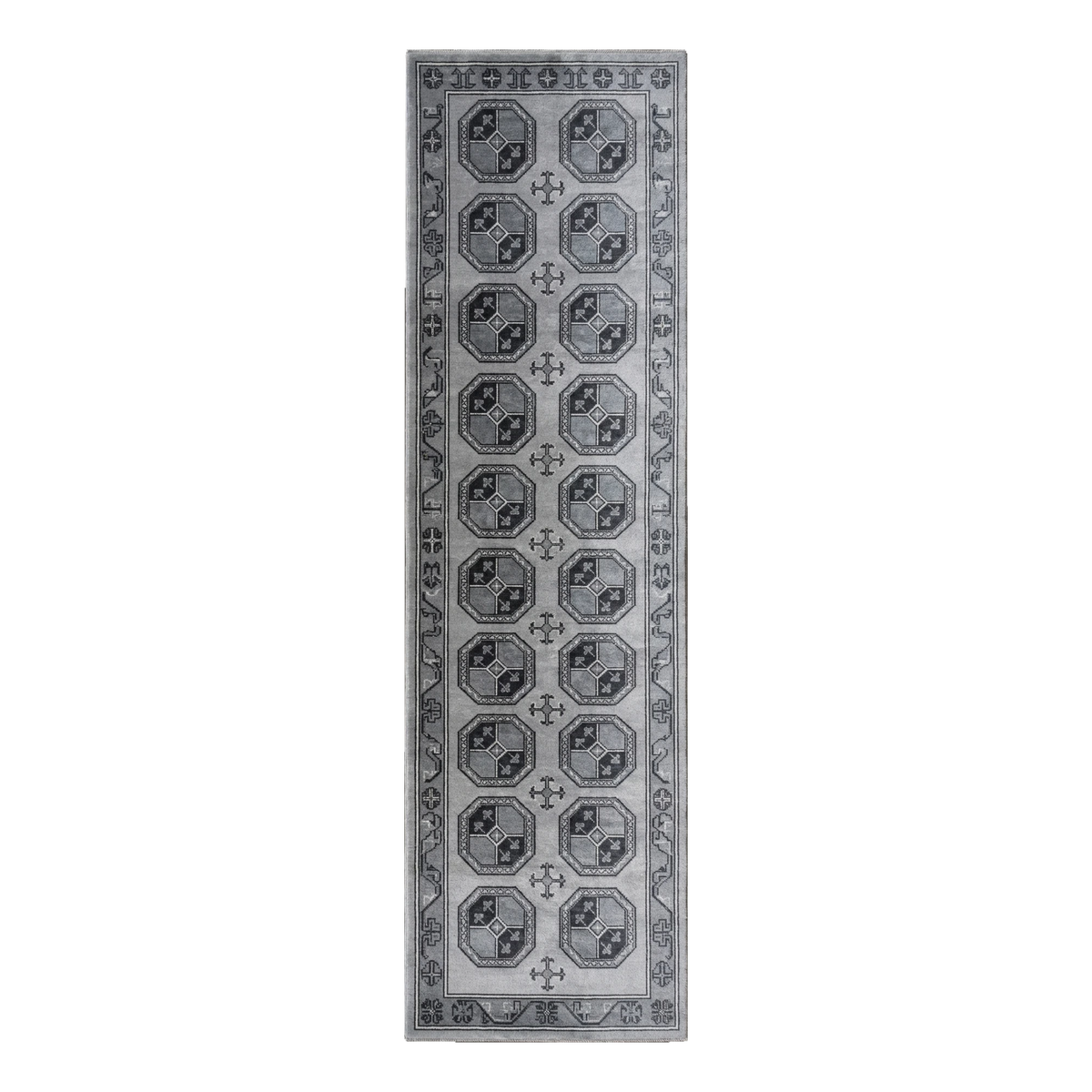 Slate Grey Geometric Octagon Hand-Knotted Runner