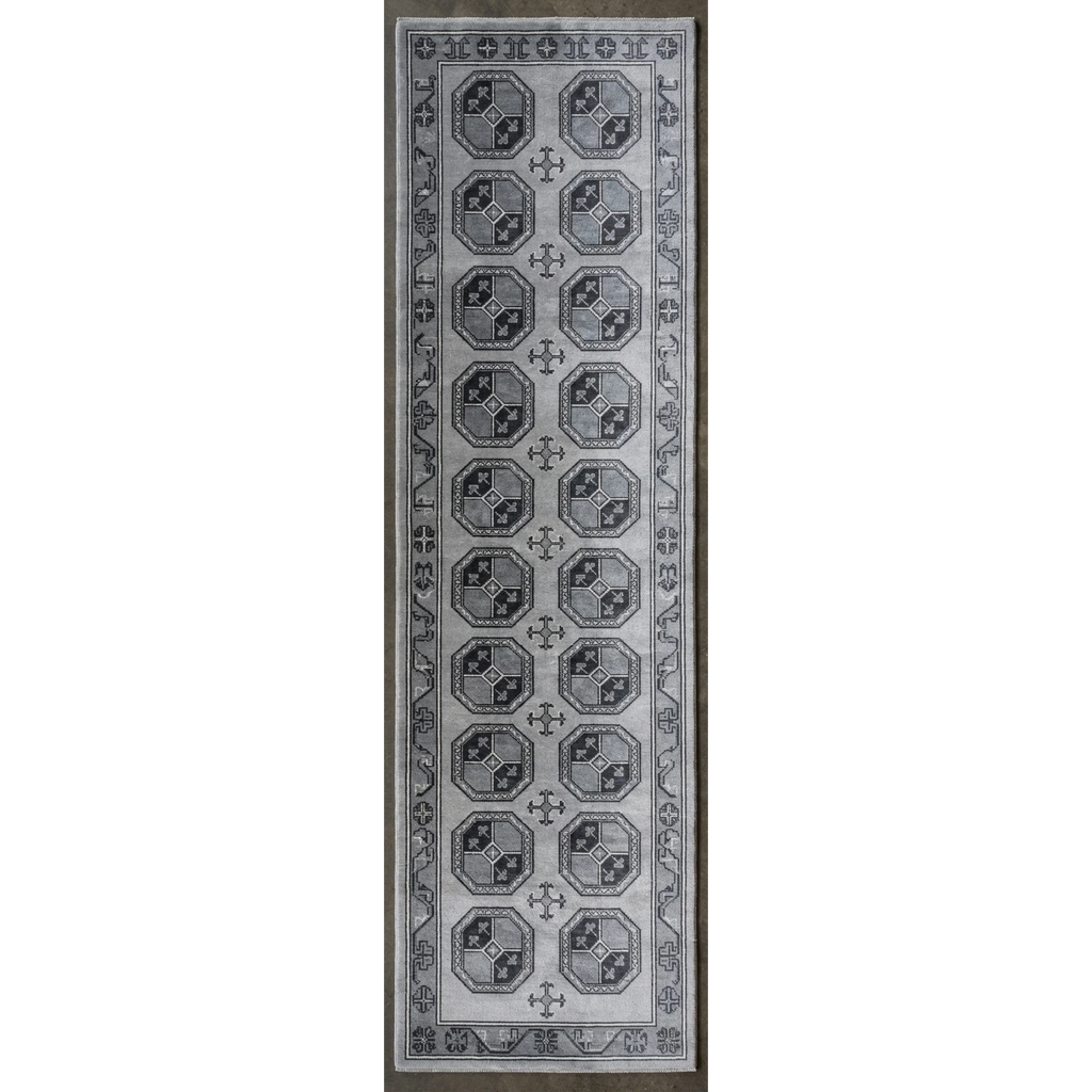 Slate Grey Geometric Octagon Hand-Knotted Runner - studio photo