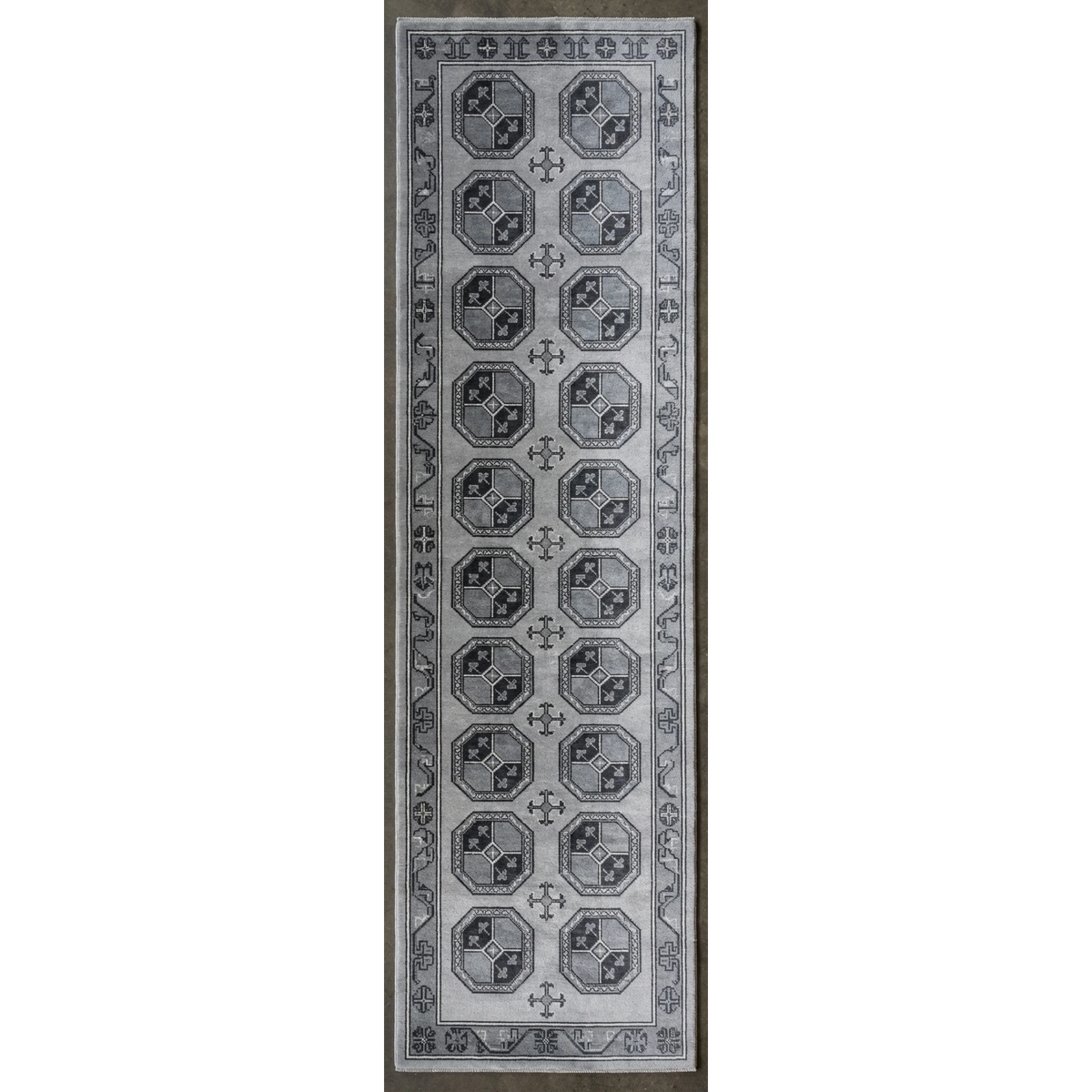 Slate Grey Geometric Octagon Hand-Knotted Runner - studio photo