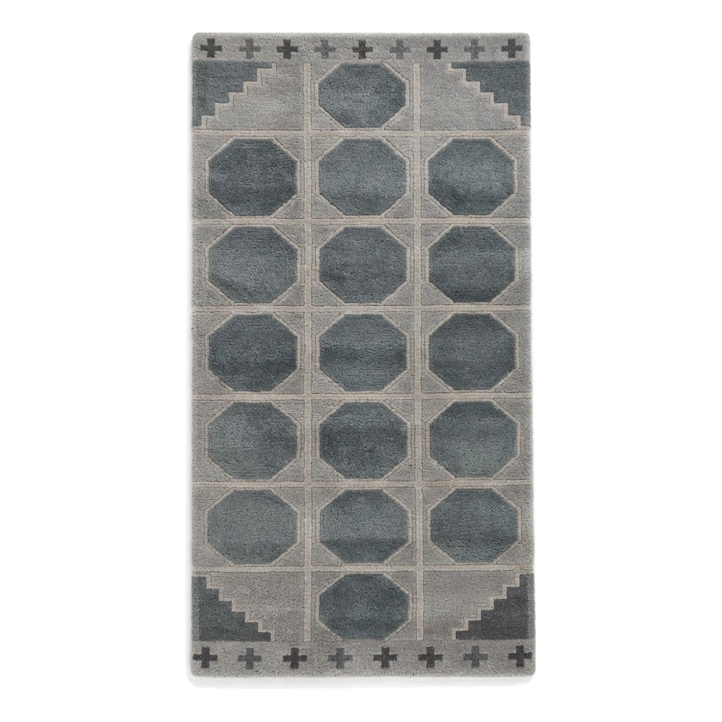 Slate Grey Octagon Tile Hand-Tufted Runner with Stepped Corners