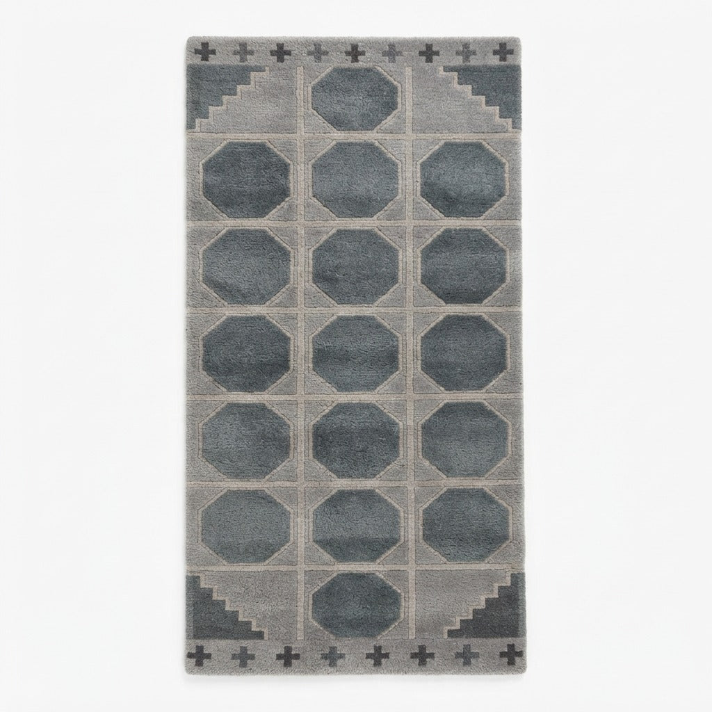Slate Grey Octagon Tile Hand-Tufted Runner with Stepped Corners - studio photo