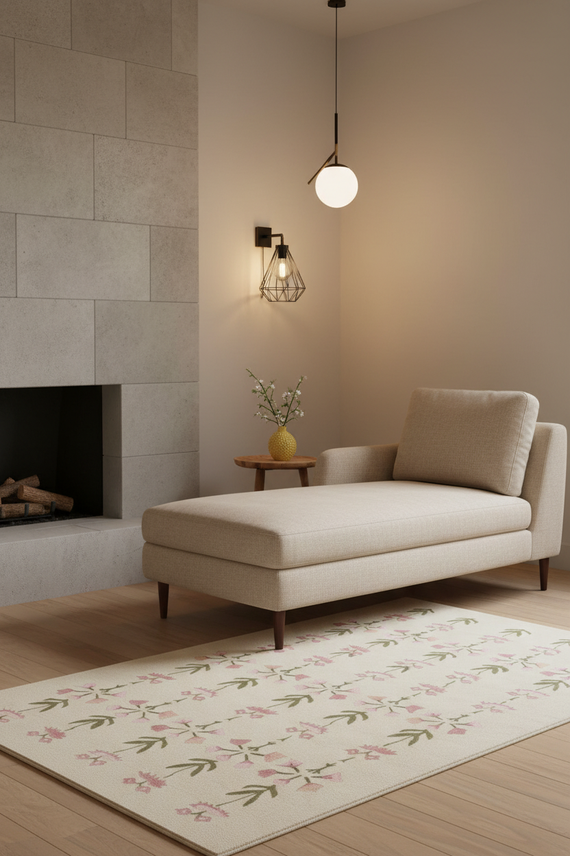 A beige upholstered chaise lounge with dark wooden legs sits in a modern living room setting with a fireplace, a patterned floral area rug, and a small side table.