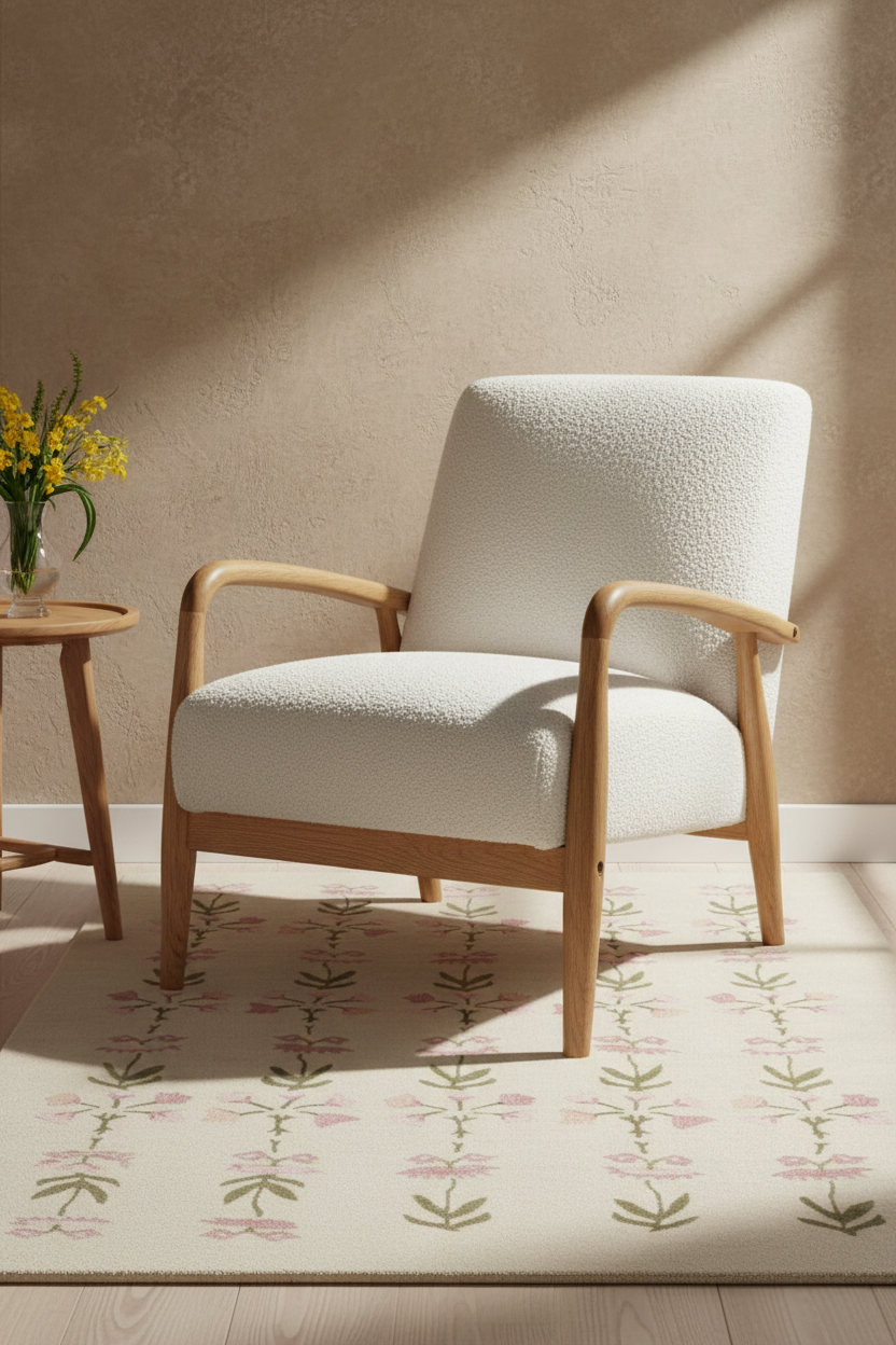 A modern armchair with textured off-white bouclé upholstery and light wood arms and frame, styled on a floral patterned rug in a sunlit room.