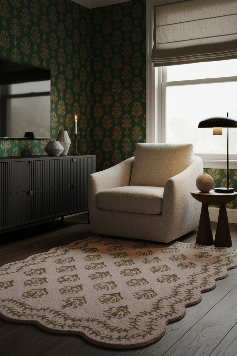 A styled interior room scene featuring a cream upholstered armchair beside a dark wood sideboard, patterned green wallpaper, a scalloped beige rug with green botanical motifs, a window with a beige roman shade, and a black floor lamp on a small round side table.