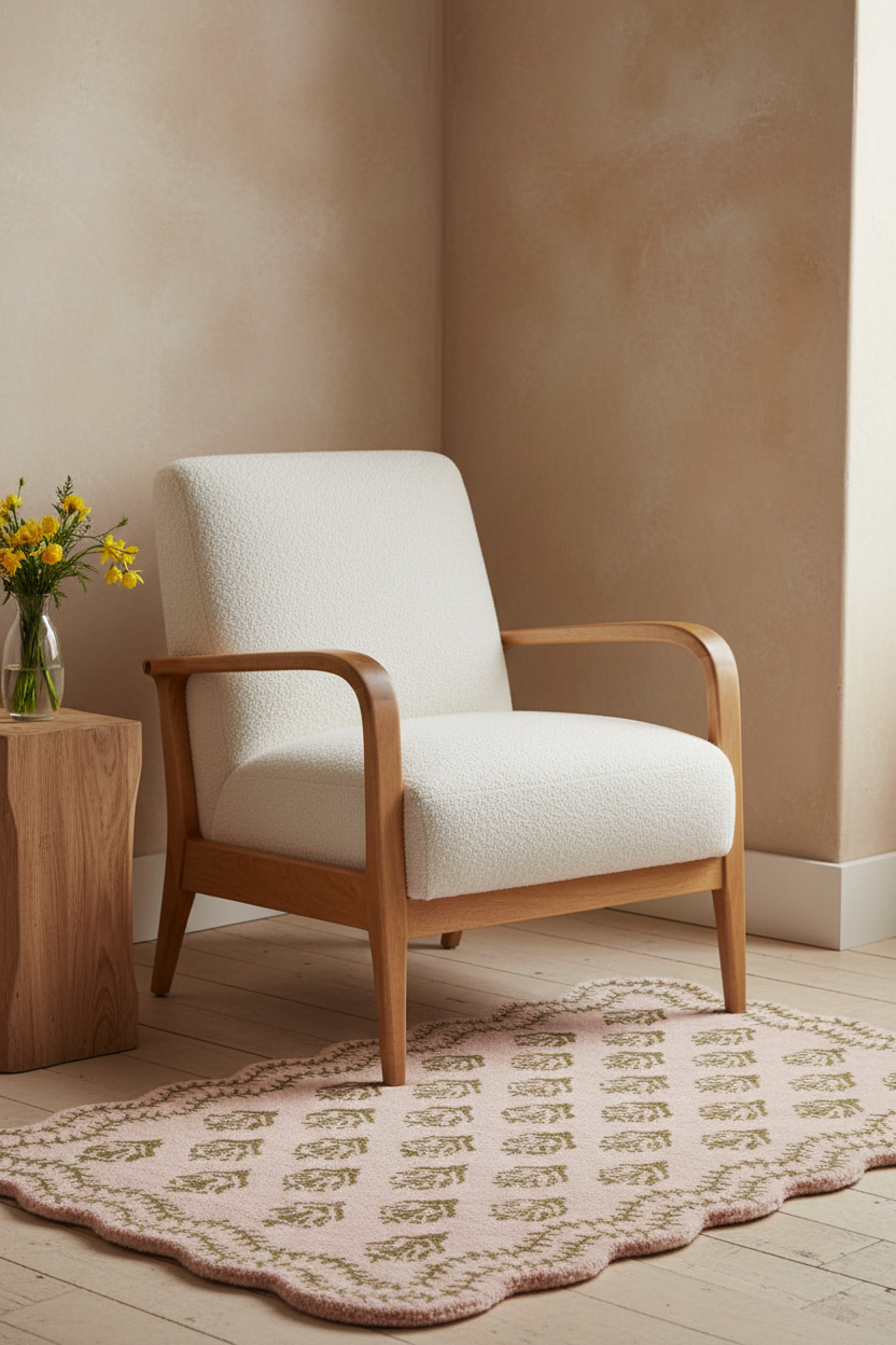 A mid-century modern armchair with a textured off-white bouclé seat and back and a curved light wood frame, styled in a warm beige room on a patterned rug next to a wooden side table with yellow flowers.
