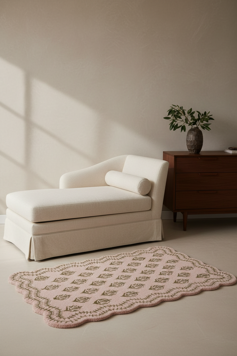 A cream slipcovered chaise lounge sits in a sunlit room beside a dark wood cabinet with a vase of greenery, with a pale pink patterned area rug in front.