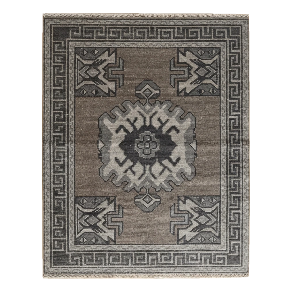 Taupe Grey Hand-Knotted Rug with Charcoal Medallion and Greek Key Border - alternate view