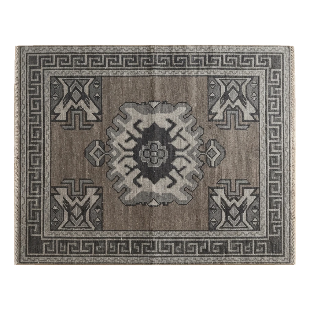 Taupe Grey Hand-Knotted Rug with Charcoal Medallion and Greek Key Border