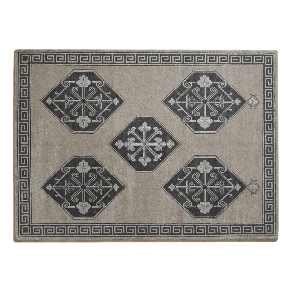 Taupe Grey Tribal Diamond Hand-Tufted Rug with Charcoal Greek Key Border - alternate view