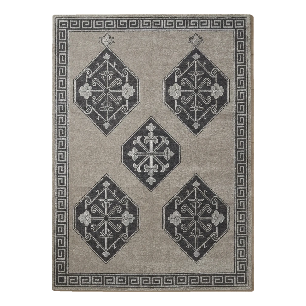 Taupe Grey Tribal Diamond Hand-Tufted Rug with Charcoal Greek Key Border