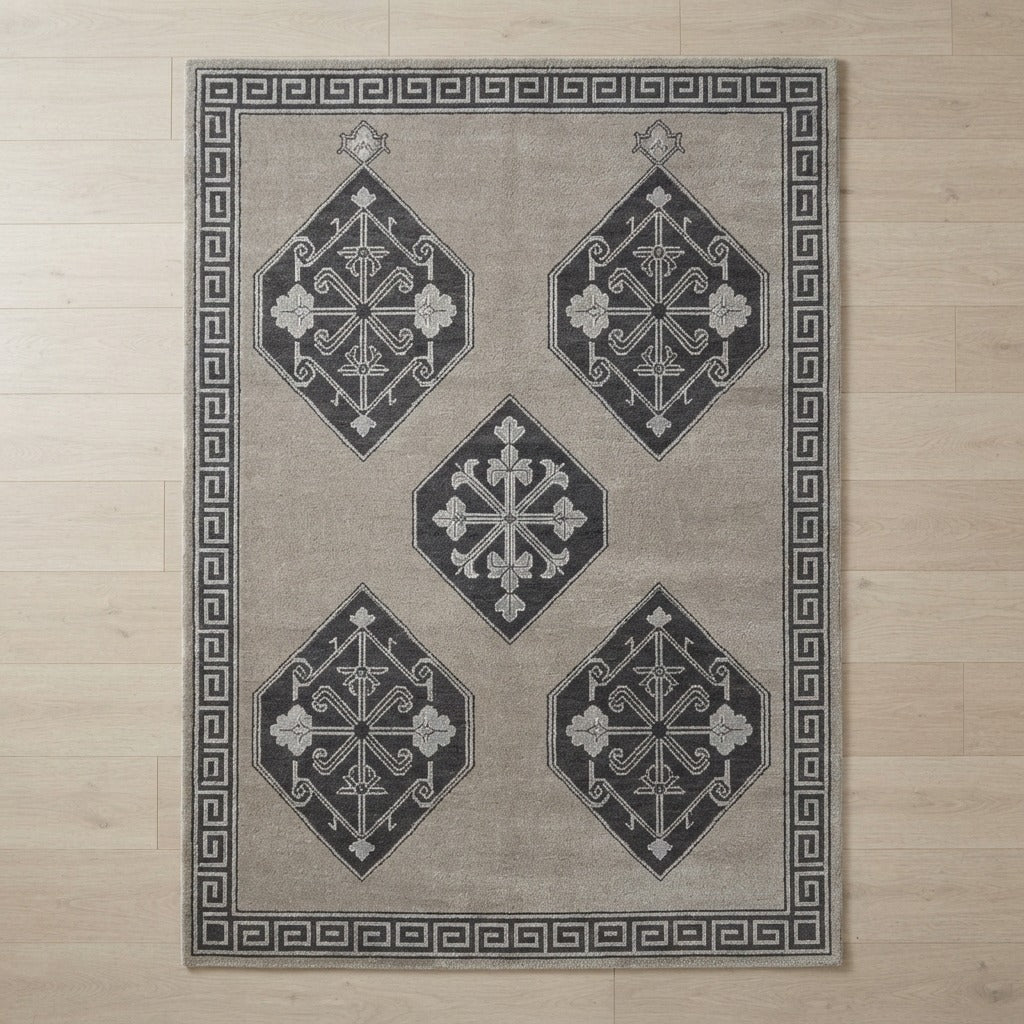 Taupe Grey Tribal Diamond Hand-Tufted Rug with Charcoal Greek Key Border - studio photo