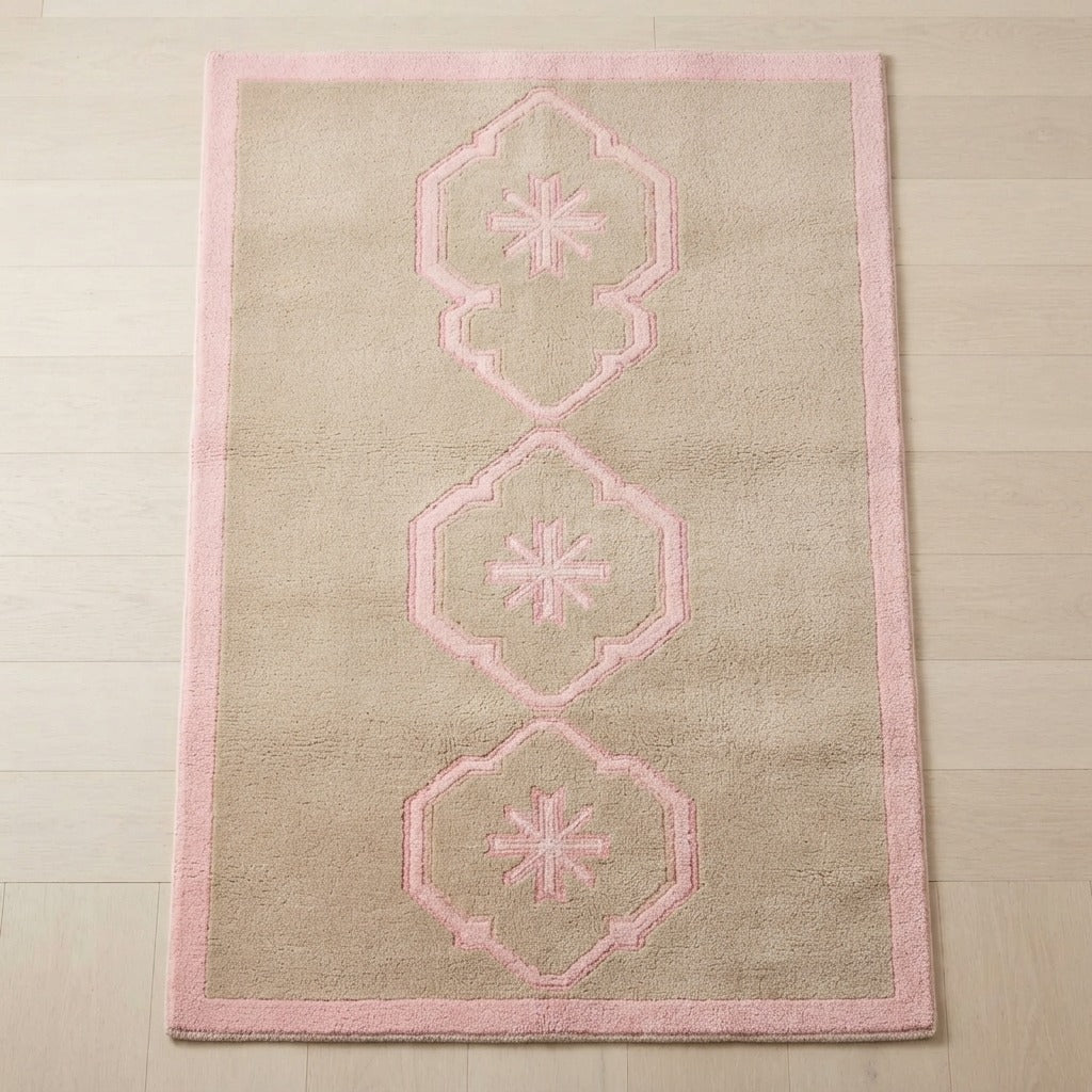 Taupe Hand-Tufted Rug with Blush Pink Carved Octagon Medallions - studio photo
