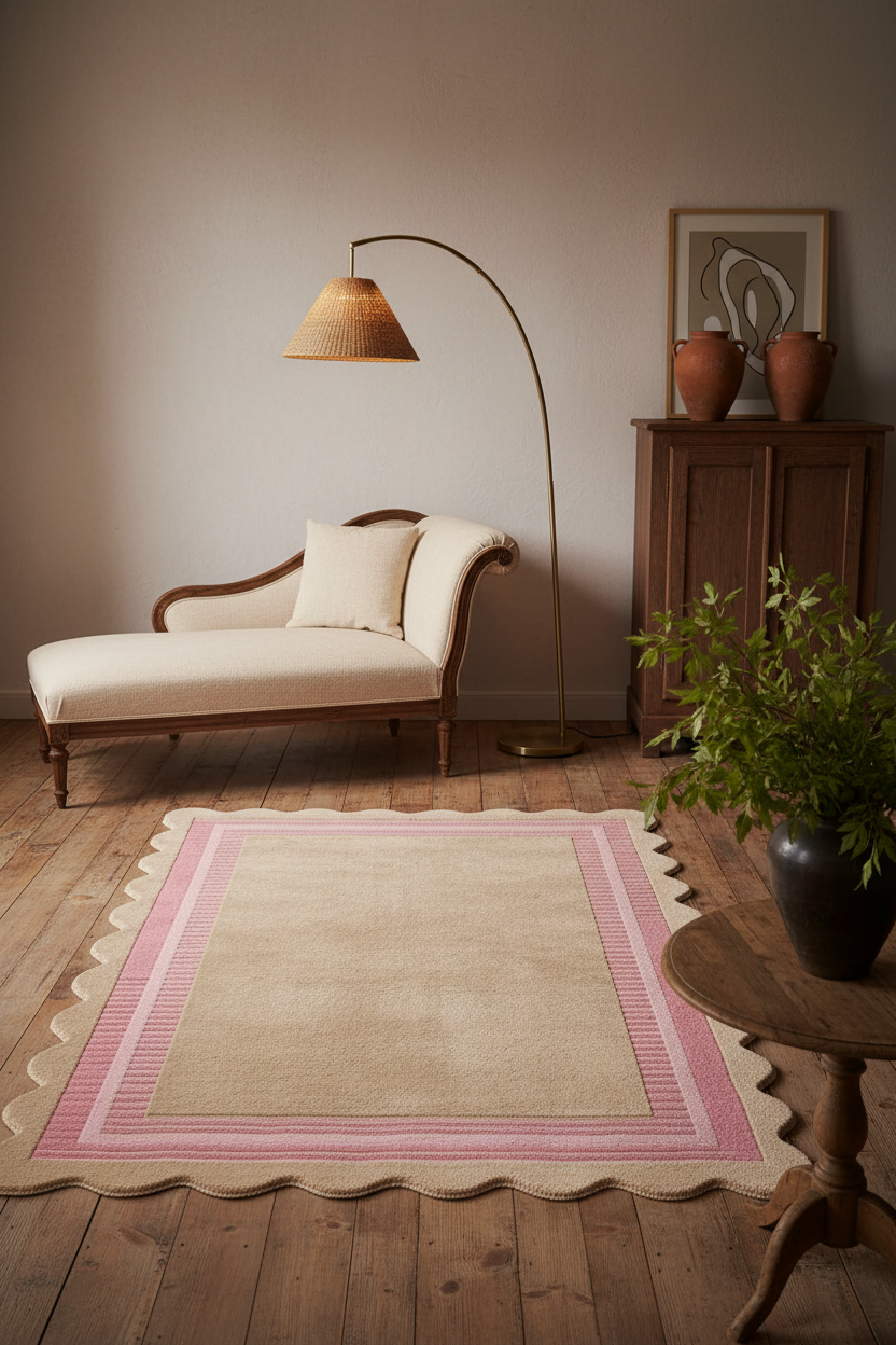 A beige area rug with a scalloped pink border is styled in a warm, rustic room setting with a cream chaise lounge, a wooden floor lamp, and a potted green plant.