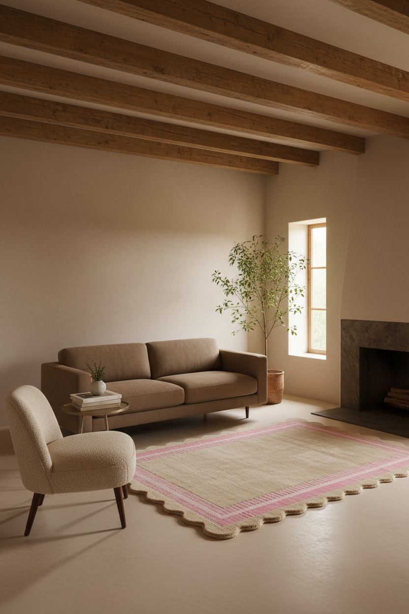 A styled living room scene with a beige sofa, matching armchair, pink-accented rug, side table, potted plant, exposed wooden ceiling beams, and a fireplace.
