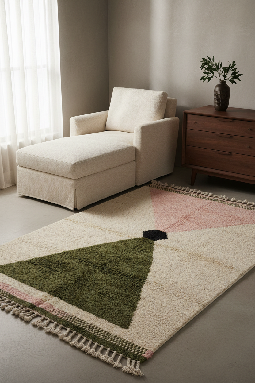 A modern area rug with a geometric design in olive green, dusty pink, and cream, styled in a minimalist living room next to a cream chaise lounge and a dark wood sideboard.