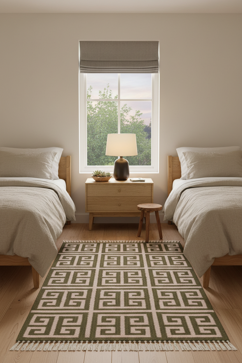 A styled bedroom scene with two single beds, a wooden nightstand, a table lamp, and a patterned area rug on a light wood floor. The likely product being highlighted is the rug, shown in full length and centered in the foreground.