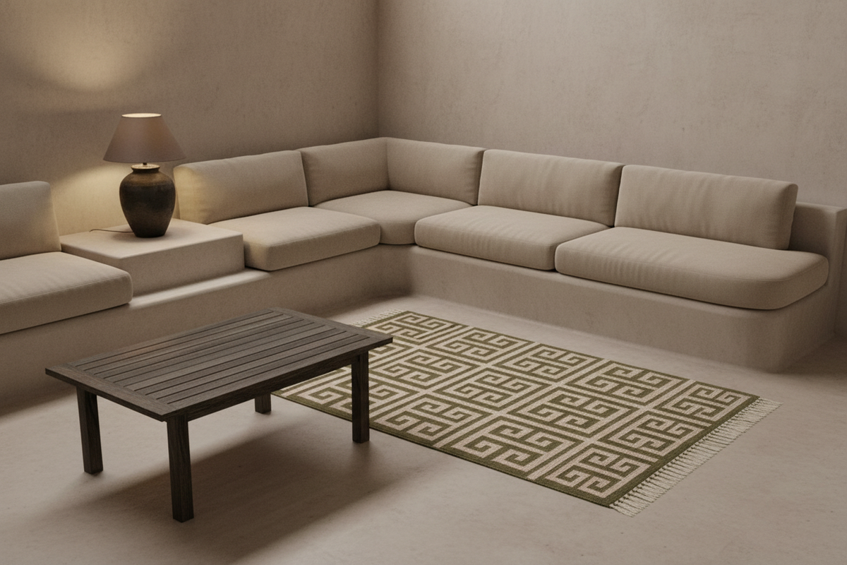 A modern U-shaped sectional sofa in light beige fabric, styled in a minimalist living room with a dark wood coffee table, a patterned rug, and a lit table lamp.