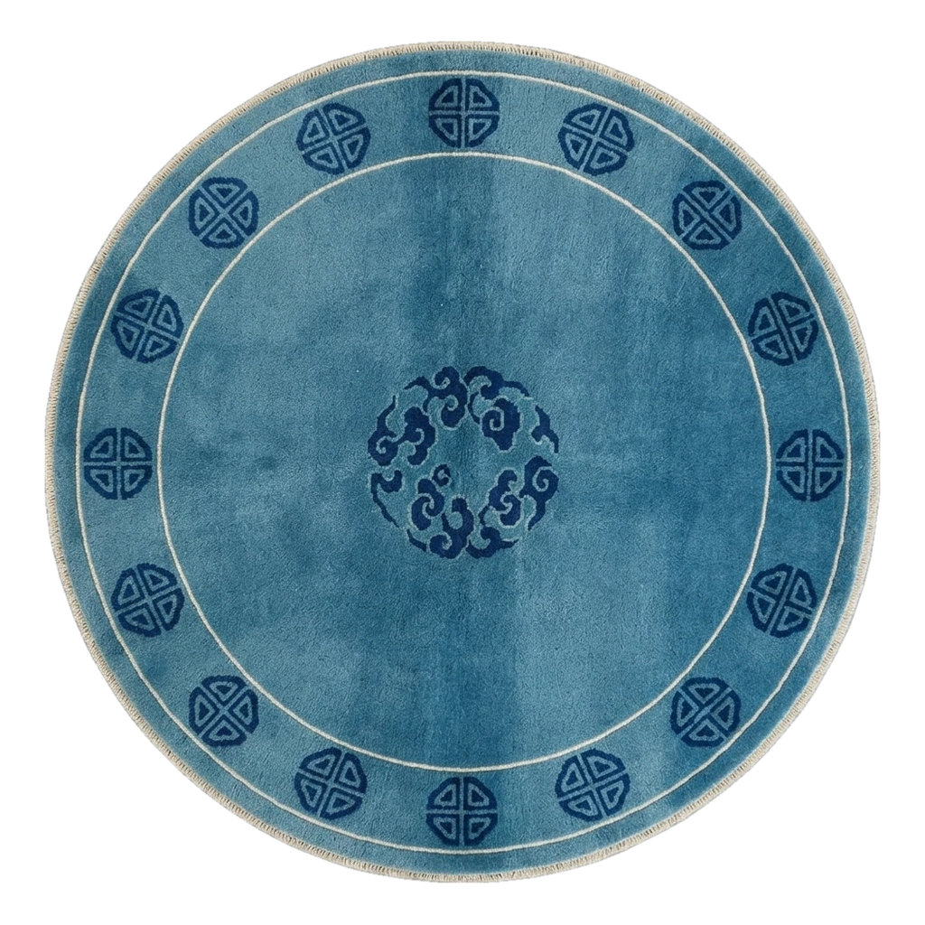 Teal Blue Round Hand-Knotted Rug with Navy Cloud Medallion - alternate view
