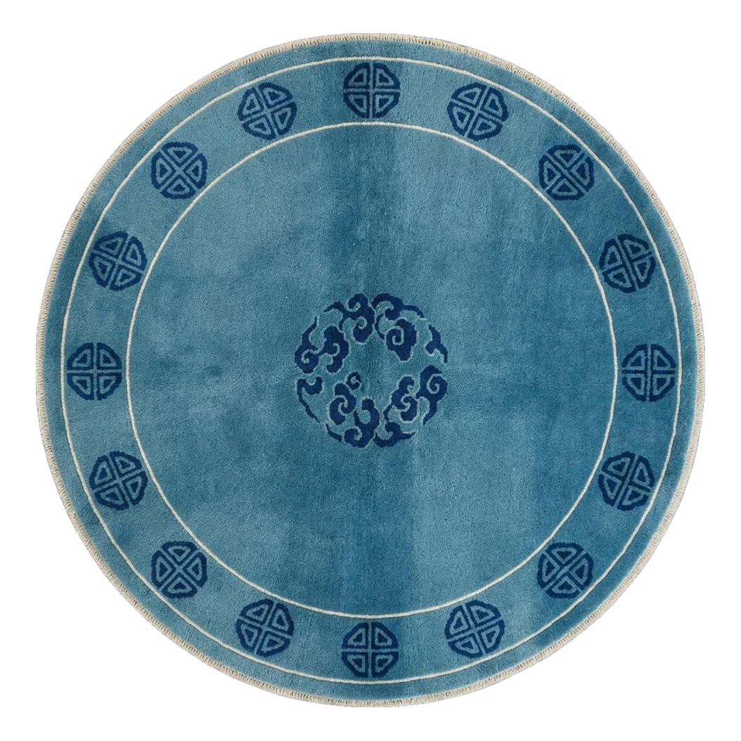 Teal Blue Round Hand-Knotted Rug with Navy Cloud Medallion - alternate view