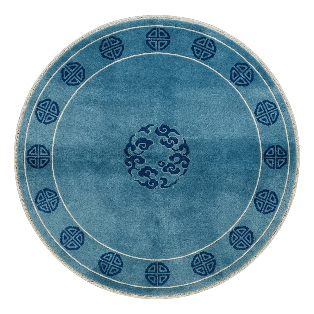 Teal Blue Round Hand-Knotted Rug with Navy Cloud Medallion