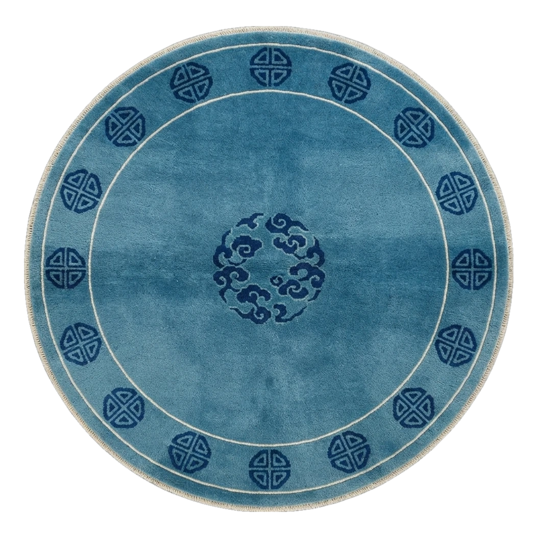 Teal Blue Round Hand-Knotted Rug with Navy Cloud Medallion