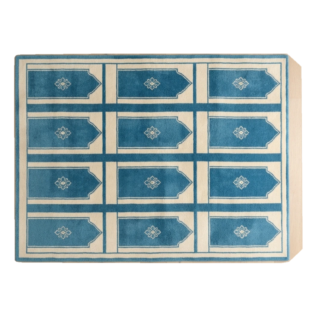 Teal Blue and Cream Hand-Tufted Rug with Arched Mihrab Panels - alternate view