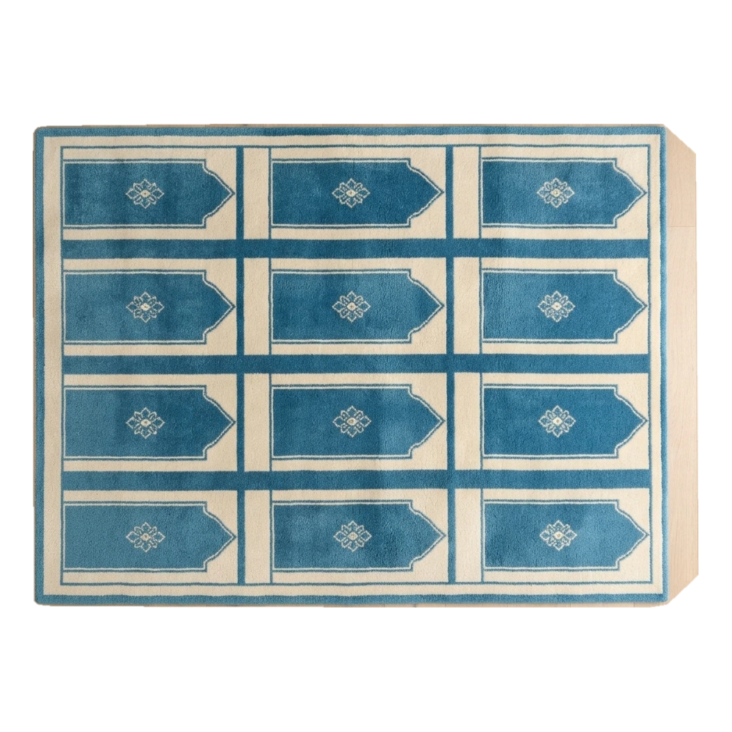 Teal Blue and Cream Hand-Tufted Rug with Arched Mihrab Panels - alternate view