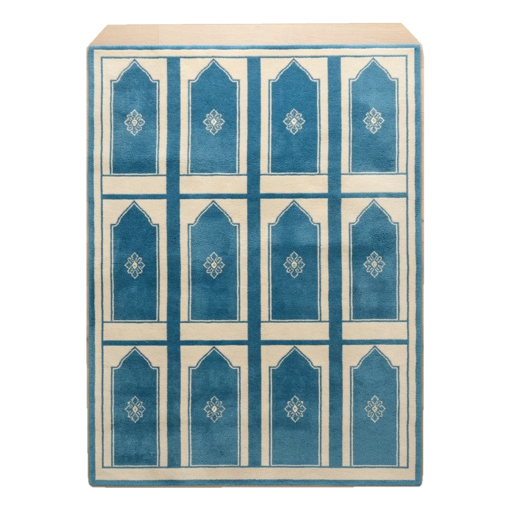 Teal Blue and Cream Hand-Tufted Rug with Arched Mihrab Panels