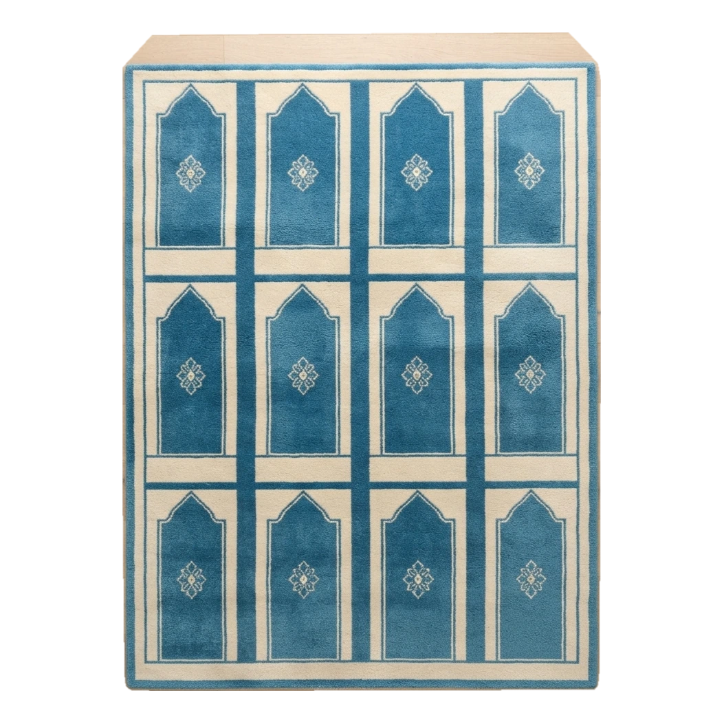 Teal Blue and Cream Hand-Tufted Rug with Arched Mihrab Panels