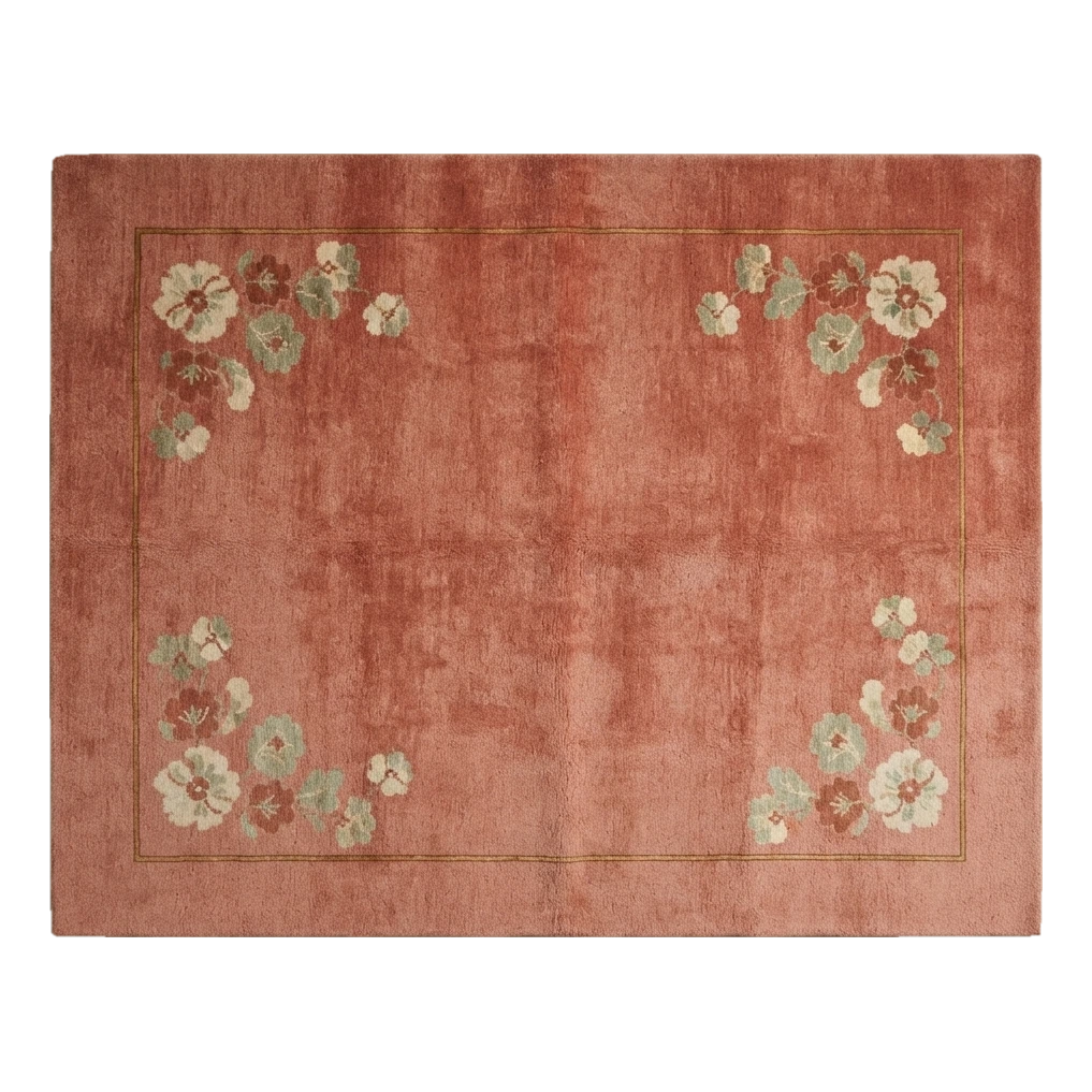 Terracotta Chinese Art Deco Hand-Knotted Rug with Floral Corner Sprays - alternate view