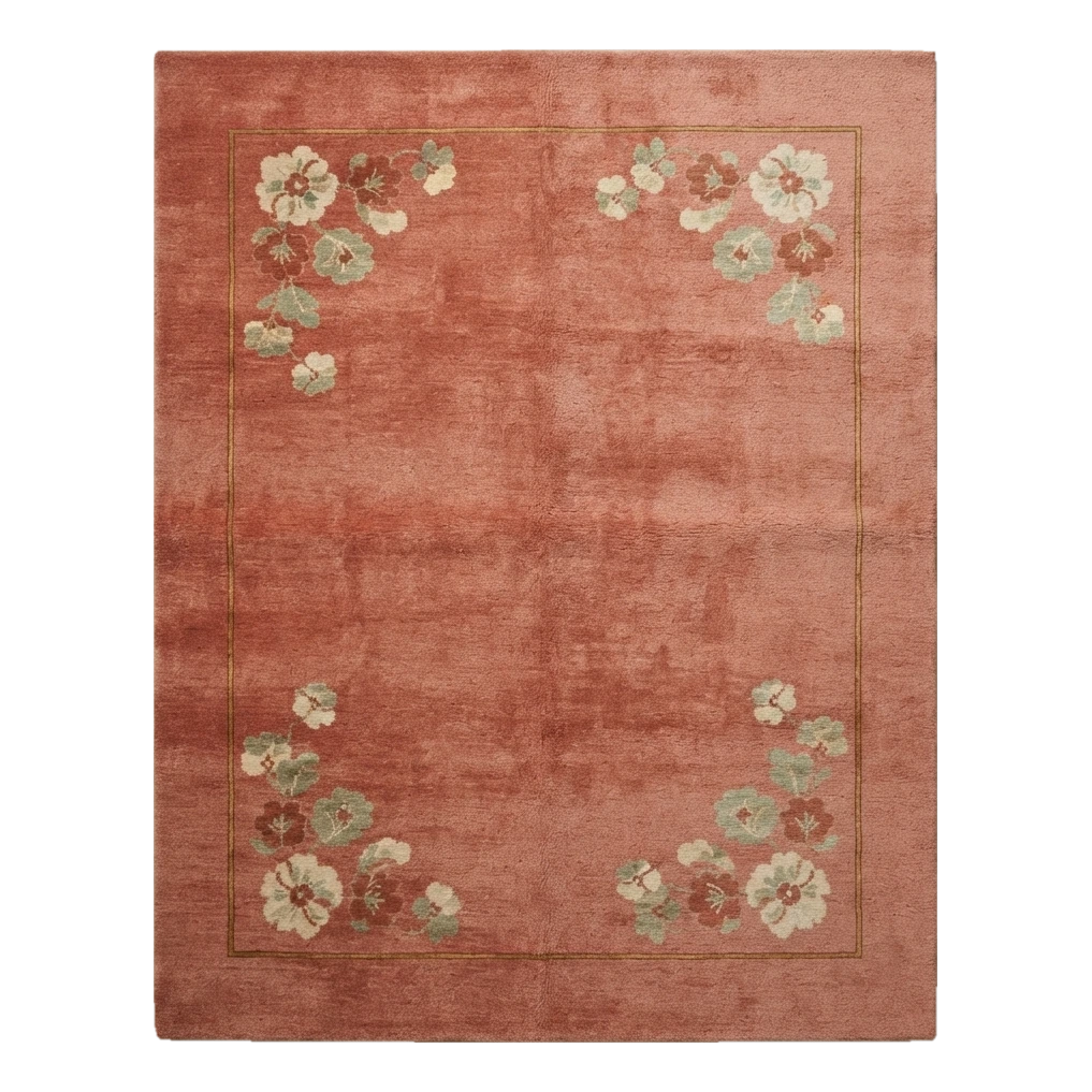 Terracotta Chinese Art Deco Hand-Knotted Rug with Floral Corner Sprays