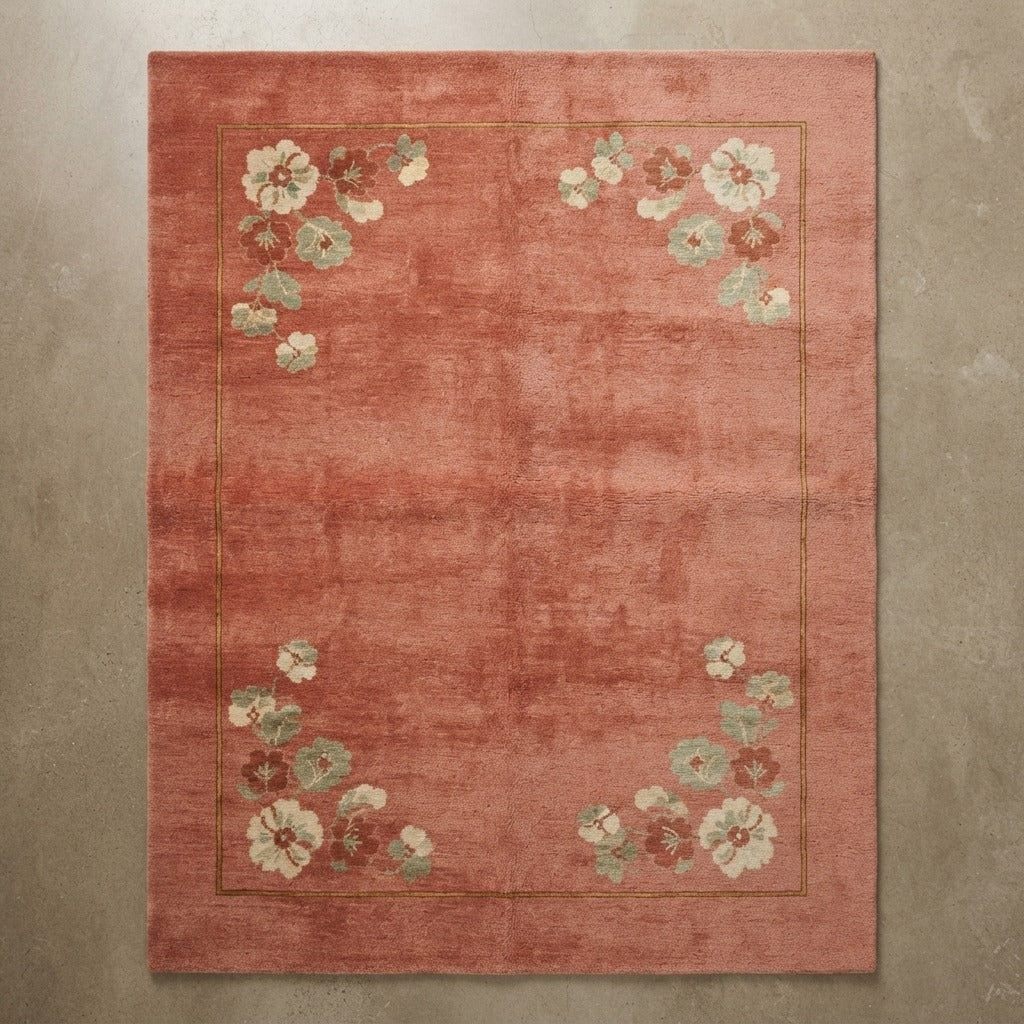 Terracotta Chinese Art Deco Hand-Knotted Rug with Floral Corner Sprays - studio photo