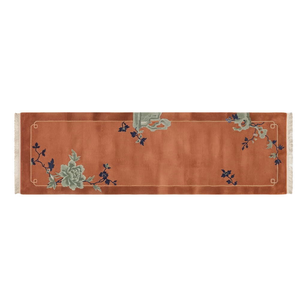 Terracotta Chinese Art Deco Hand-Knotted Runner with Sage Peonies - alternate view