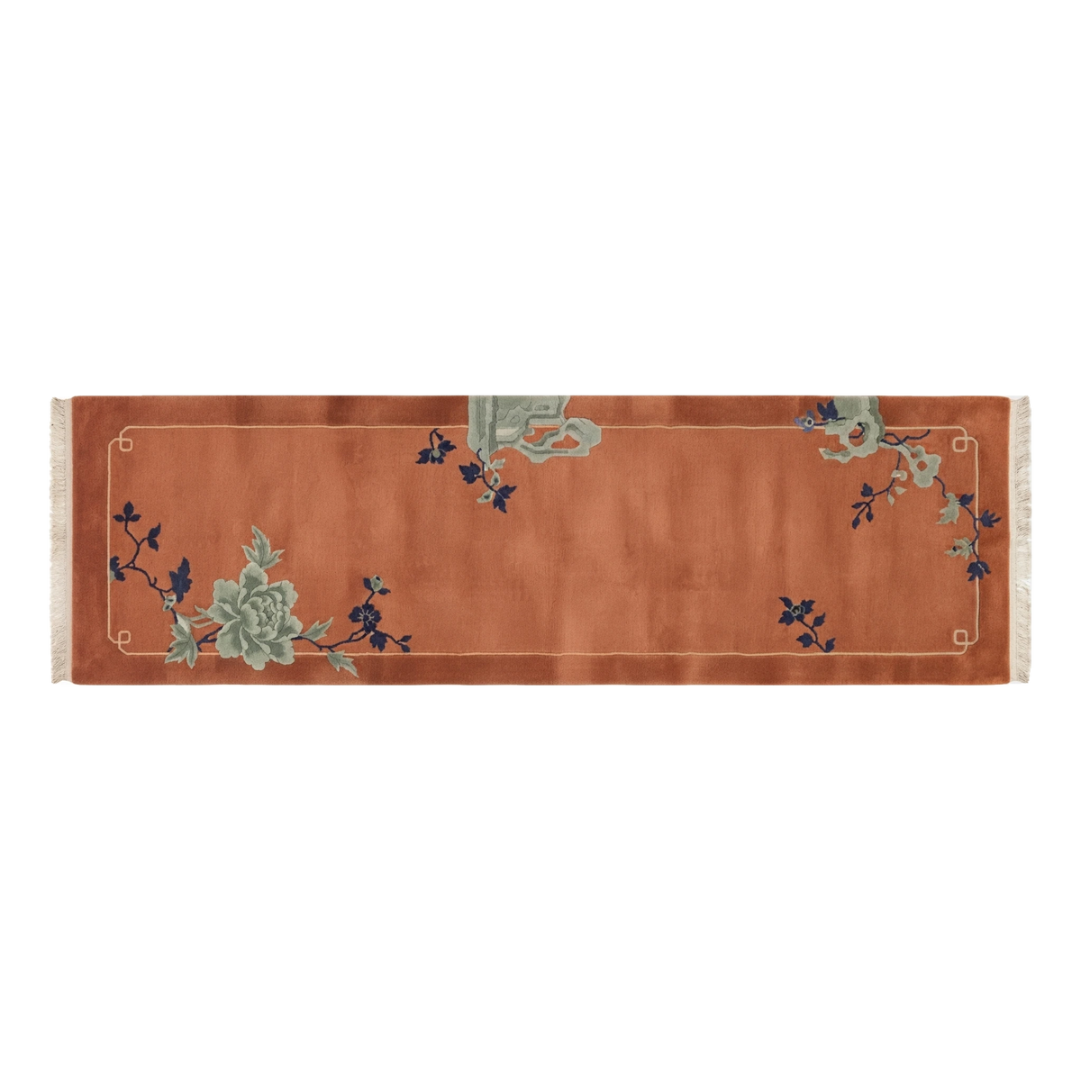 Terracotta Chinese Art Deco Hand-Knotted Runner with Sage Peonies - alternate view