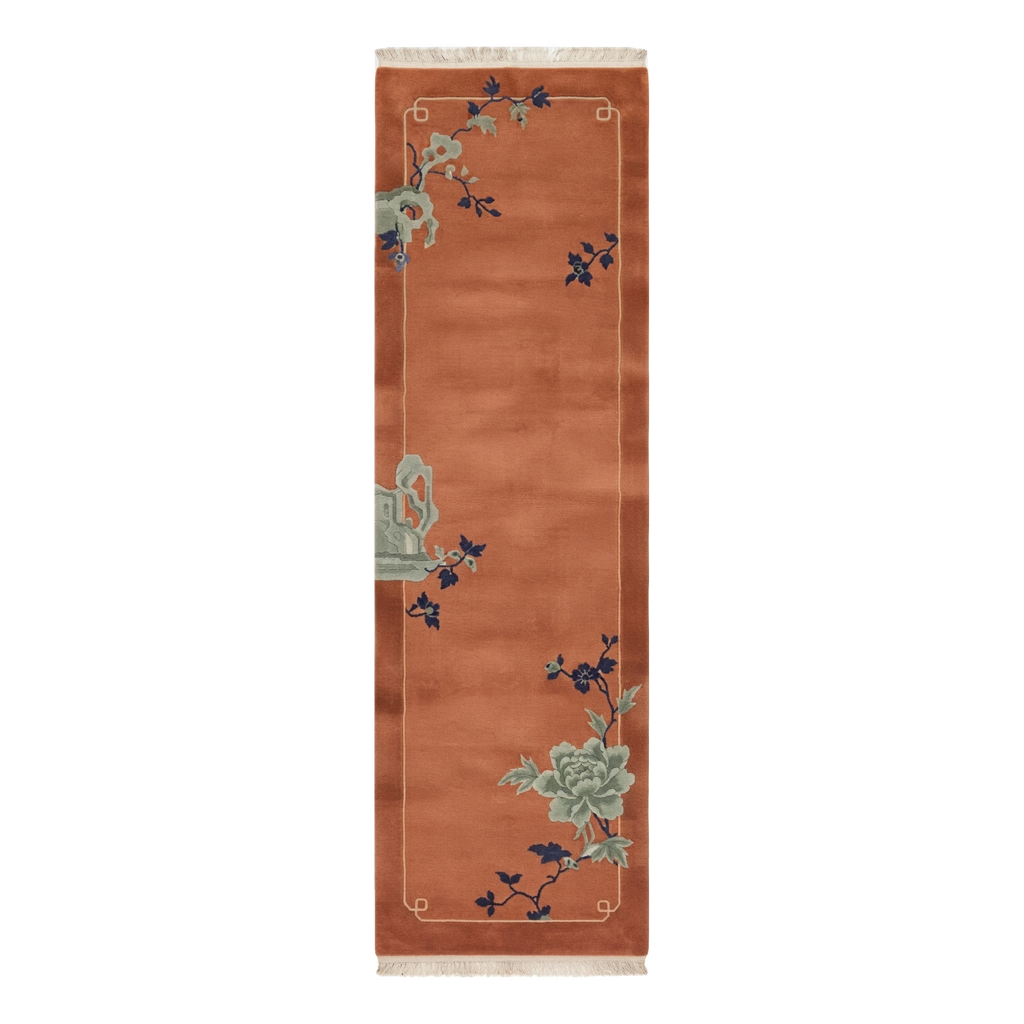 Terracotta Chinese Art Deco Hand-Knotted Runner with Sage Peonies