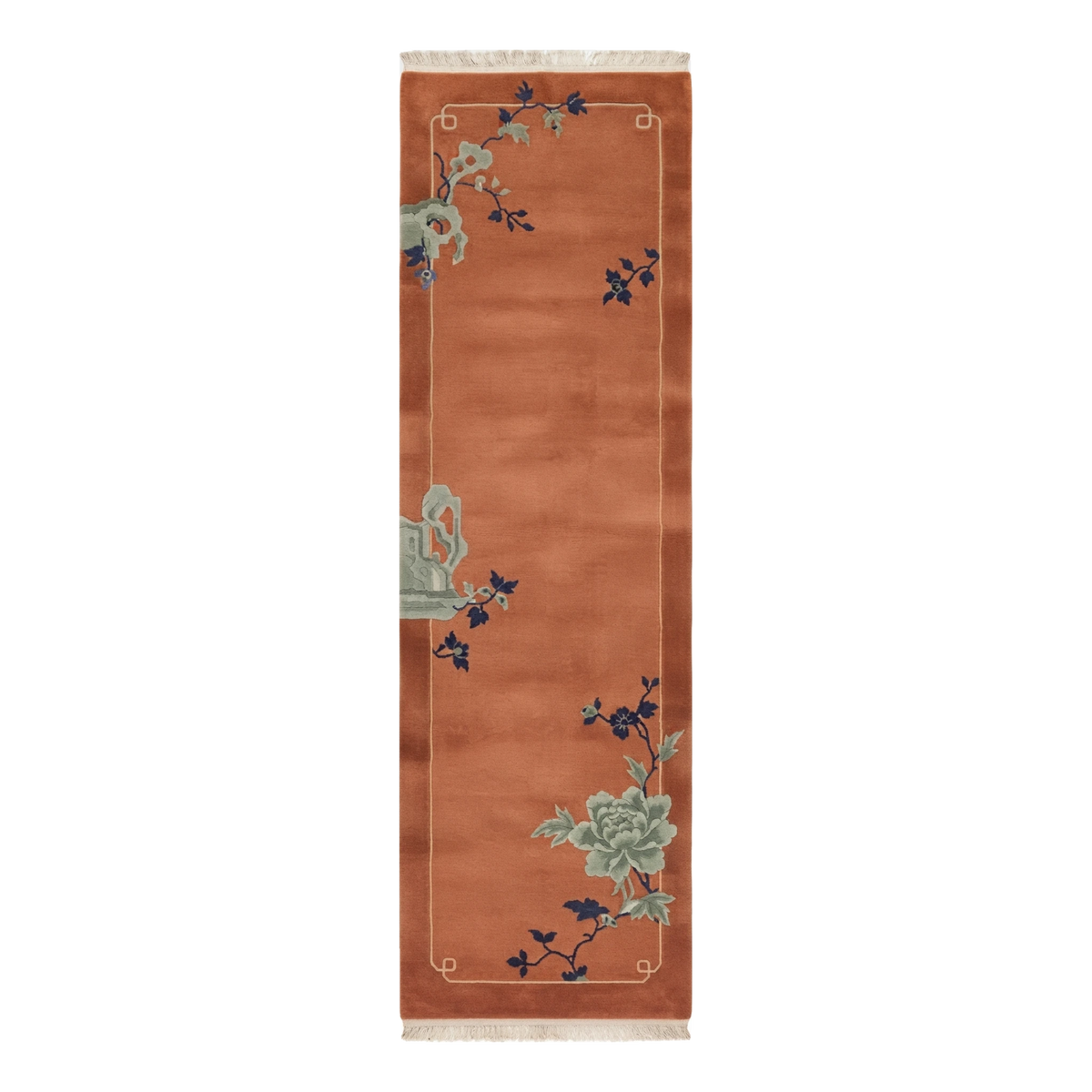Terracotta Chinese Art Deco Hand-Knotted Runner with Sage Peonies