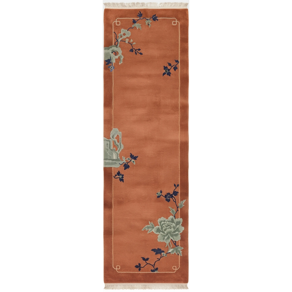 Terracotta Chinese Art Deco Hand-Knotted Runner with Sage Peonies - studio photo
